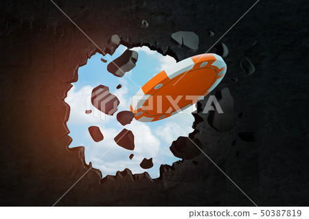 3d rendering of orange casino token breaking through black wall 50387819