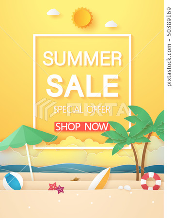 Summer sale , sea and beach with stuff , paper art Summer sale , sea and beach with stuff , paper art 50389169