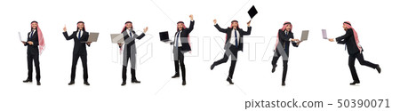 Arab businessman with computer on white Arab businessman with computer on white 50390071