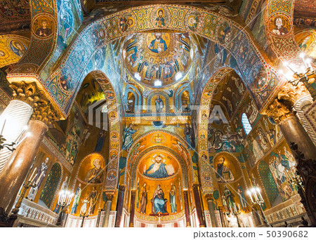 Golden mosaics in La Martorana church, Palermo 50390682