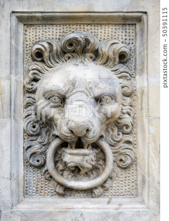 Stone lion head on a wall 50391115