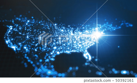 power of america, energy beam on new york. dark map with illuminated cities and human density areas 50392161
