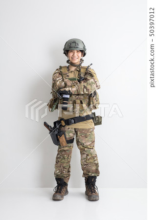 Cool girl survival game full game wearing a camouflage outfit on white background 50397012