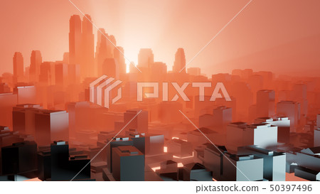 City in red fog. Air pollution or military action City in red fog. Air pollution or military action 50397496