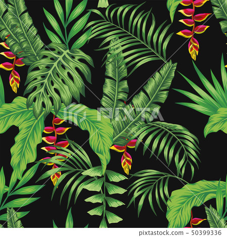 Tropical pattern leaves flowers seamless black 50399336