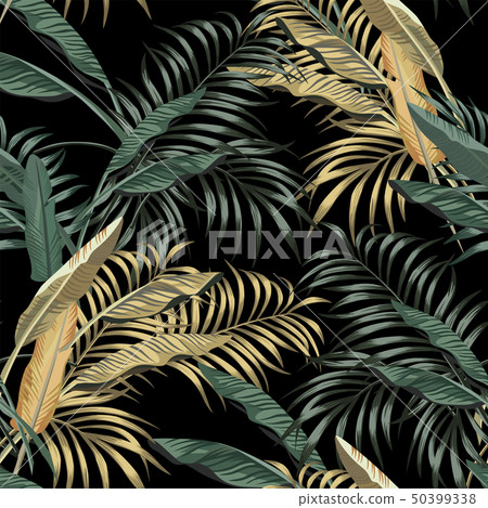 Tropical banana leaves seamless black background Tropical banana leaves seamless black background 50399338