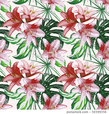 Lily tropical leaves seamless white background 50399356