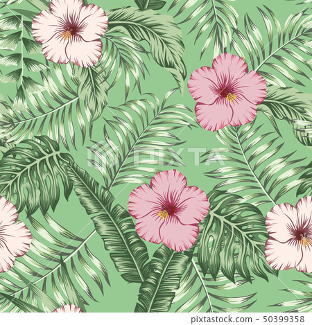 Tropical leaves and hibiscus seamless green Tropical leaves and hibiscus seamless green 50399358