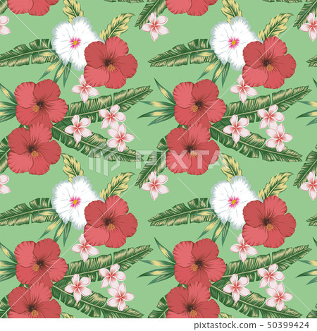 Hibiscus plumeria palm leaves seamless green 50399424