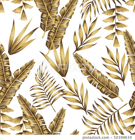 Gold tropical leaves seamless white background - Stock Illustration ...