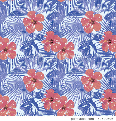 Tropical winter red hibiscus cold blue palm leaves Tropical winter red hibiscus cold blue palm leaves 50399696