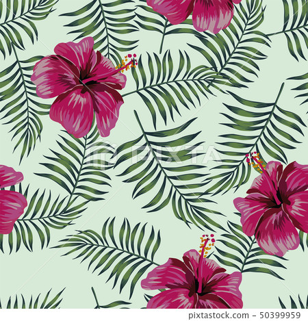 Burgundy hibiscus on the seamless leaves Burgundy hibiscus on the seamless leaves 50399959