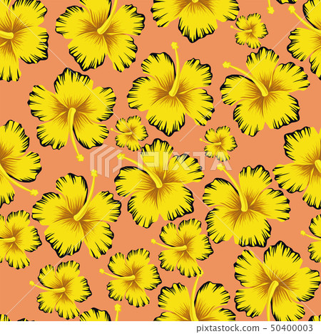 Yellow flowers hibiscus seamless pink background 50400003
