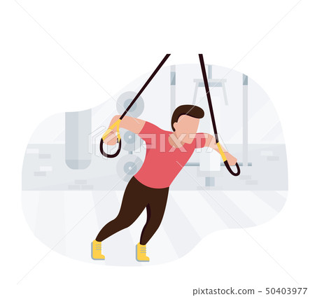 Fit man working out on trx doing bodyweight exercises. Fitness strength training workout. 50403977