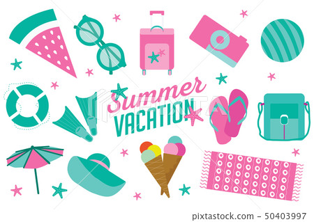 Summer vacation icon set in flat cartoon style 50403997
