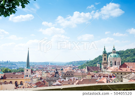 Prague, Bohemia, Czech Republic. Old town cityscape of Praha with dome, houses, churches, television 50405520