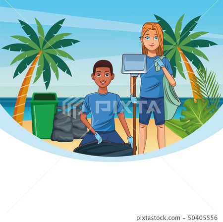 Teenagers cleaning beach Teenagers cleaning beach 50405556