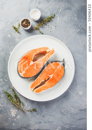 Two fresh raw salmon steaks Two fresh raw salmon steaks 50406410