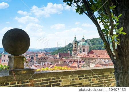 Prague Praha old town view at historical center from the hill. Tiled red roofs in old European city 50407483