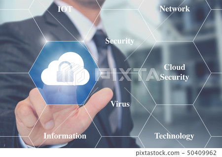 Businessman pushing cloud security button security and businessman Businessman pushing cloud security button security and businessman 50409962