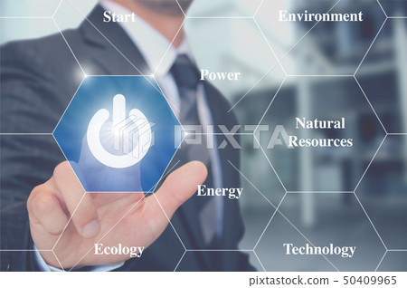 Businessman pushing power button businessman touching power button 50409965