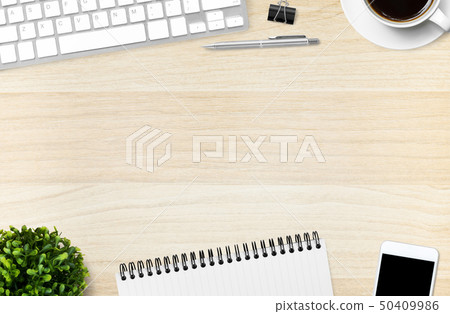 Wood office desk table with supplies. Wood office desk table with supplies. 50409986