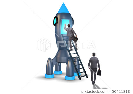 Businessman with rocket isolated on white background 50411818