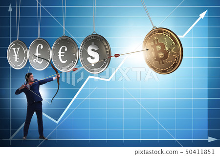 Businessman in cryptocurrency concept aiming with bow and arrow 50411851