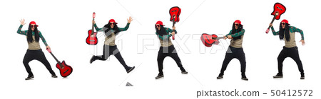 Man with guitar in musical concept on white 50412572