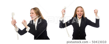 Pretty office employee holding phone isolated on white 50413010