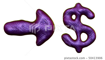 Symbol collection arrow and dollar made of 3d render purple color. Collection of natural snake skin 50413906