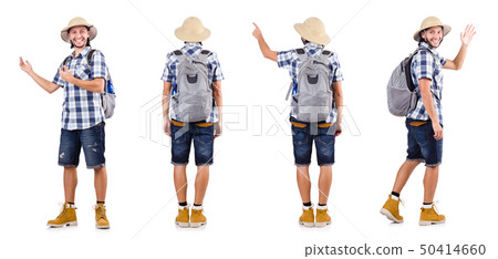 Young traveler with rucksack isolated on white Young traveler with rucksack isolated on white 50414660