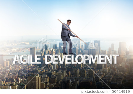 Agile transformation concept with businessman walking on tight r 50414919