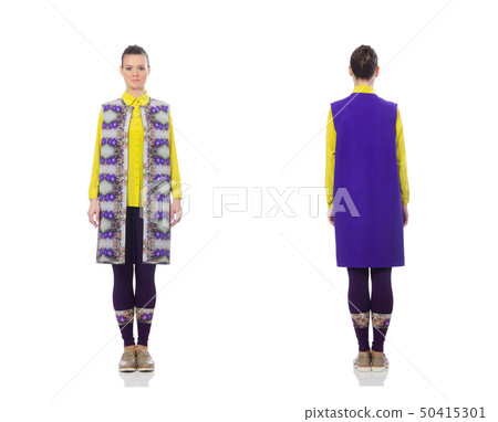 Pretty caucasian model in purple vest isolated on white Pretty caucasian model in purple vest isolated on white 50415301