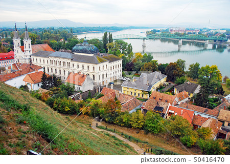 View of the Danube River and Esztergom from the hills of Esztergom Cathedral 50416470