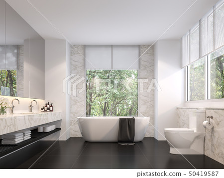 Luxurious bathroom with natural views 3d render - Stock Illustration ...