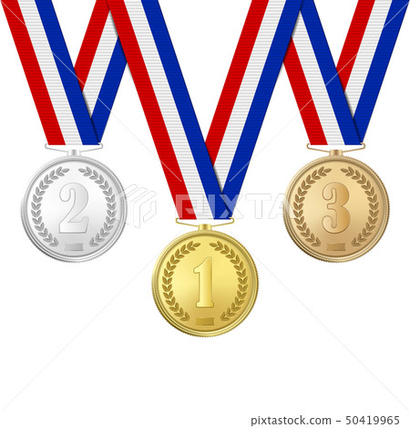 Vector 3d Realistic Gold, Silver and Bronze Award Medals Icon Set with Color Ribbons Closeup 50419965