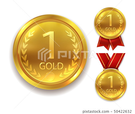 Realistic award medal. Winner gold medal for first place trophy champion honor best shiny circle 50422632