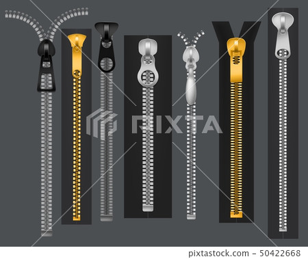 Zippers. Metal fastener zipper, fabric accessories connection. Fashion clothes zip vector set Zippers. Metal fastener zipper, fabric accessories connection. Fashion clothes zip vector set 50422668