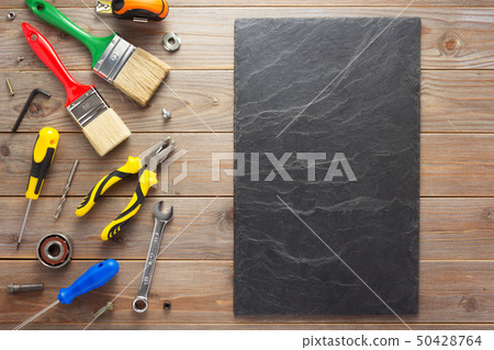 set of tools and instruments at wooden background set of tools and instruments at wooden background 50428764
