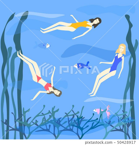 Three women swimming in the sea vector illustration Three women swimming in the sea vector illustration 50428917