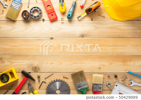 set of tools and instruments at wooden background set of tools and instruments at wooden background 50429009
