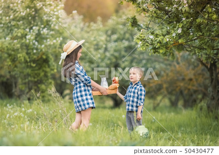 Laughing kids brother and sister playing in a forest Laughing kids brother and sister playing in a forest 50430477