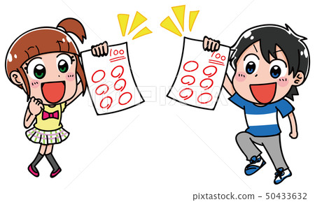 Illustration of an elementary school student man and woman with a 100-point test (summer) 50433632