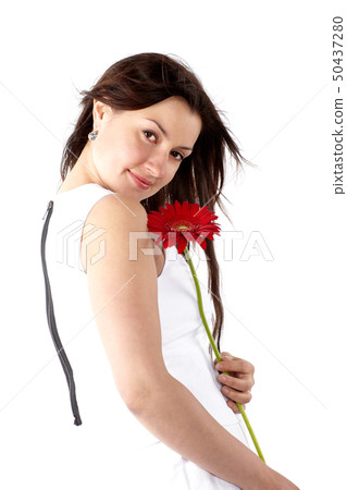 Beautiful young woman in white dress, posing 50437280