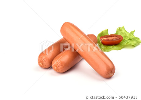 Three fresh boiled sausages with lettuce Three fresh boiled sausages with lettuce 50437913