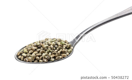 Hemp seeds in spoon isolated on white background, close up, macro Hemp seeds in spoon isolated on white background, close up, macro 50438272