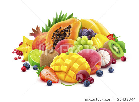 Assortment of exotic fruits and berries isolated on white background with clipping path Assortment of exotic fruits and berries isolated on white background with clipping path 50438344