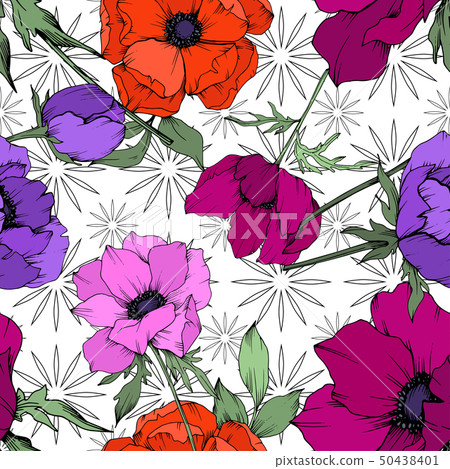 Anemone floral botanical flowers. Black and white engraved ink art. Seamless background pattern. Anemone floral botanical flowers. Black and white engraved ink art. Seamless background pattern. 50438401