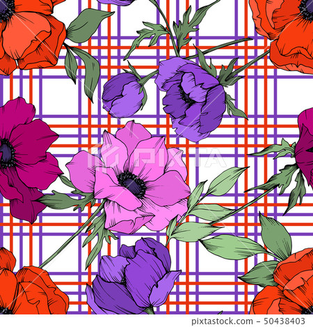 Anemone floral botanical flowers. Black and white engraved ink art. Seamless background pattern. 50438403